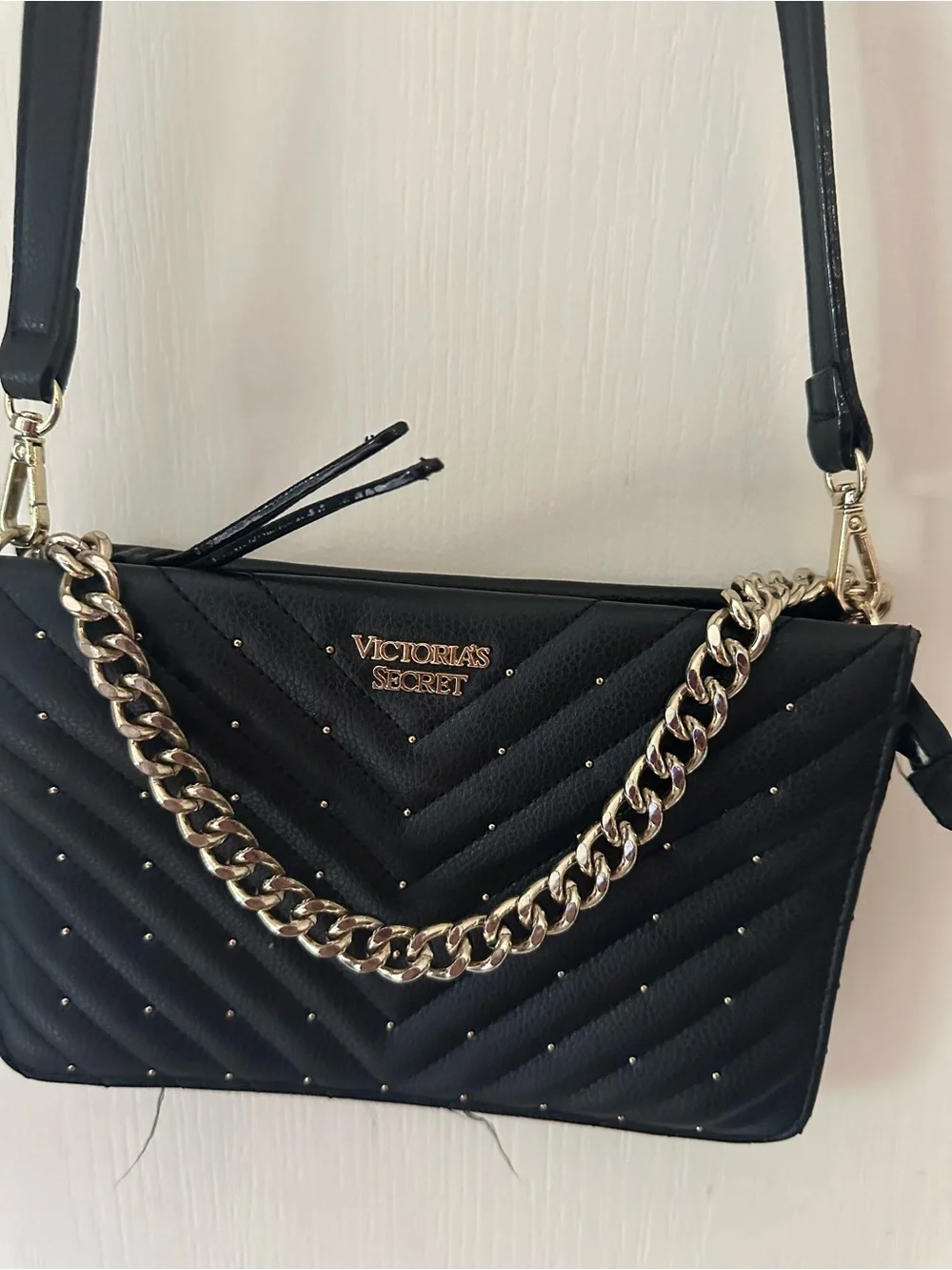 Victoria's Secret Black Quilted Crossbody with Gold Chain